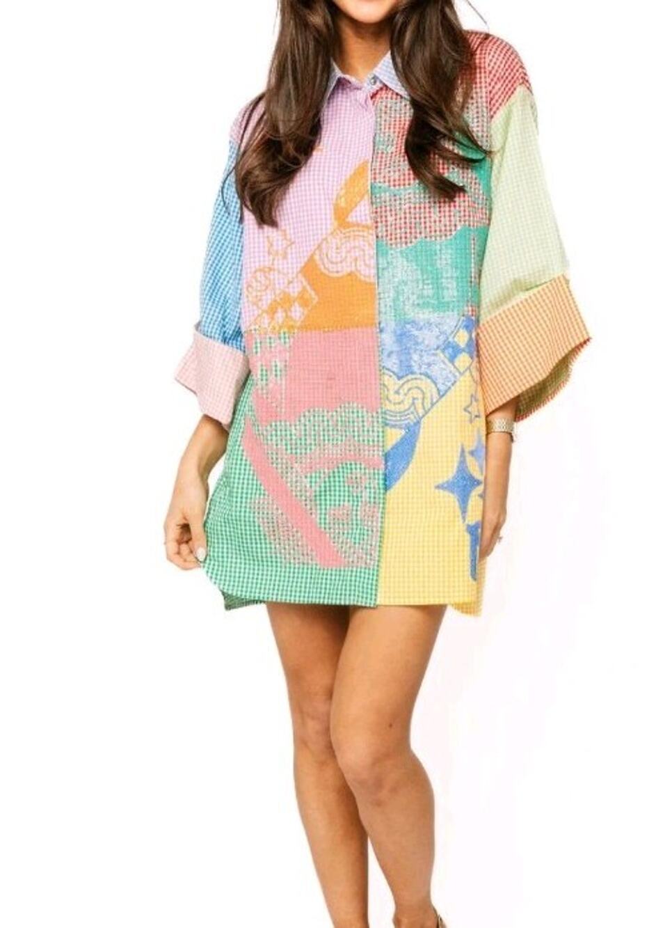 Queen of Sparkles Colorblock Gingham Queen Card Logo Button Up Cotton Dress S